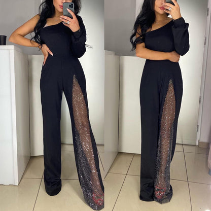 One Shoulder Long Sleeve Patchwork Wide Leg Jumpsuit