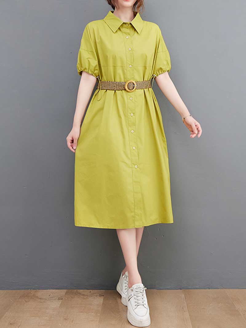 Pointed Collar Button Front Belted Cotton Shirt Midi Dress