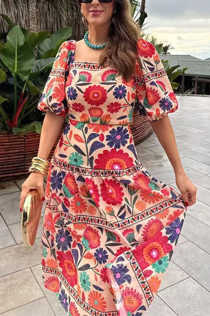 Puff Sleeves Back Cut Out Floral Print Crop Top