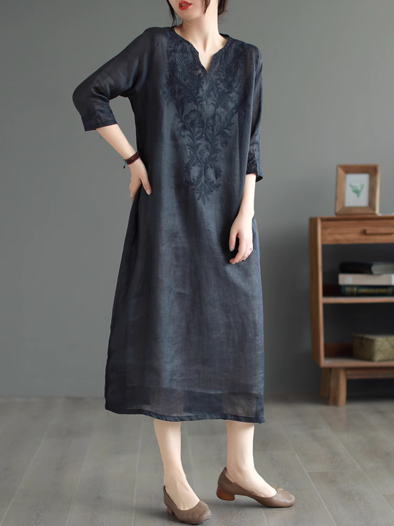 V Neck Long Sleeve Embroidered Floral Linen Midi Dress