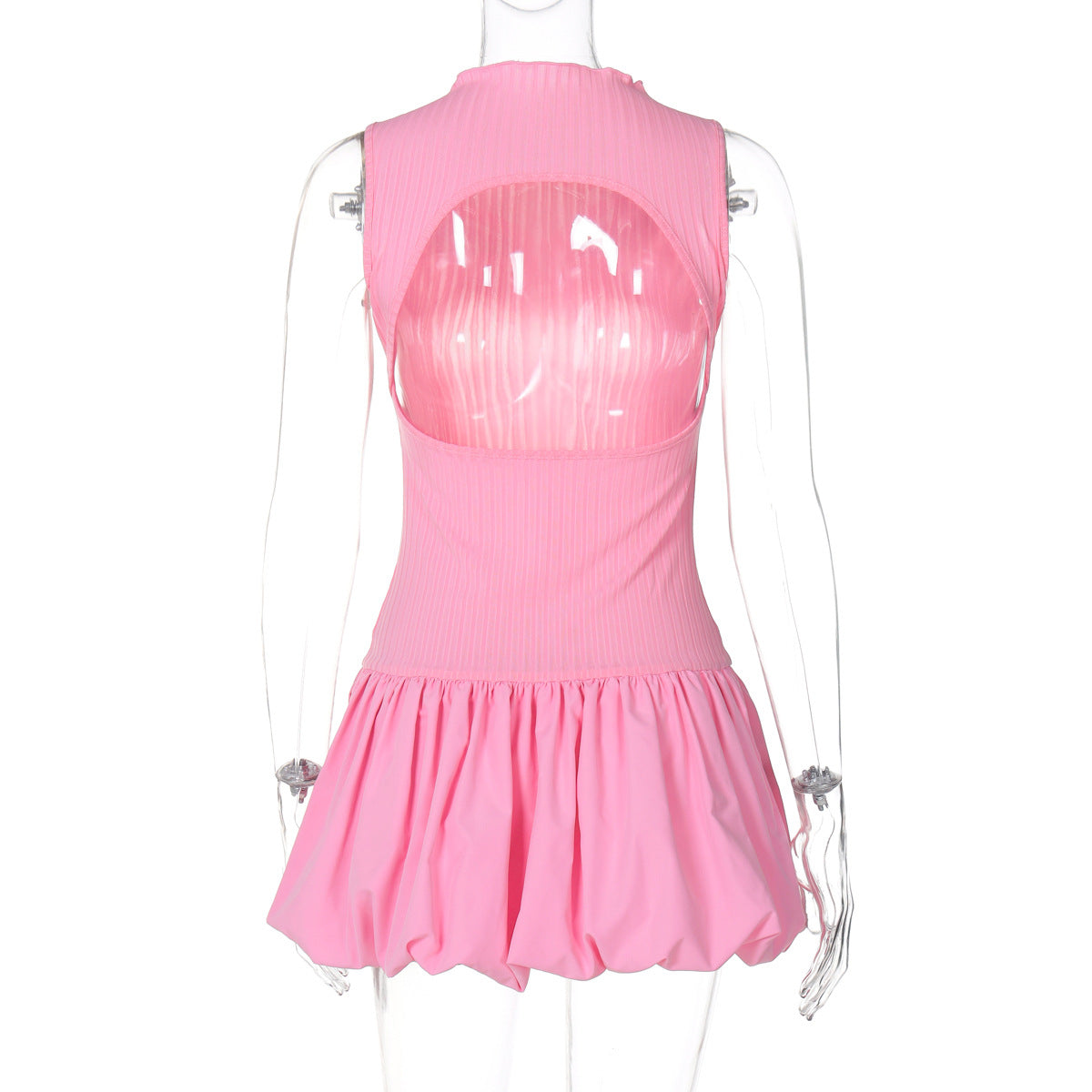 Mock Neck Sleeveless Ribbed Knit Drop Waist Bubble Hem Mini Dress