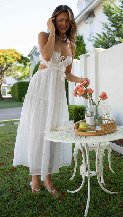 Spaghetti Strap Smocked Tie Tassel Side Cutout Tiered Crinkle Maxi Dress