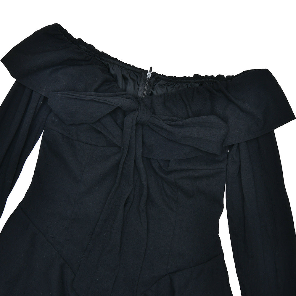 Off Shoulder Bow Front Sheer Bell Cuff Corset Pointed Hem Skater Mini Dress