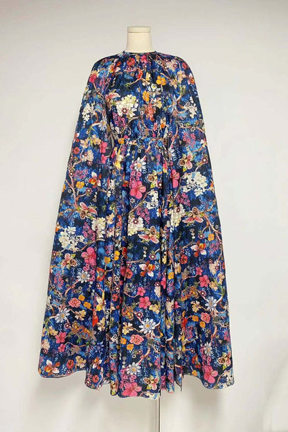 Botanical Floral Print Mock Neck Cape Sleeve Maxi Dress