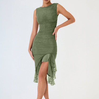 Crew Neck Sleeveless Horizontal Ruched Mesh Asymmetric Ruffle Midi Dress