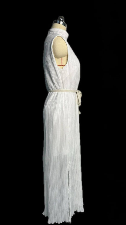 Mock Neck Sleeveless Plisse Rope Belt Midi Dress