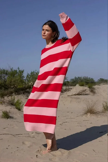 Oversized Horizontal Stripe Crew Neck Knit Maxi Dress