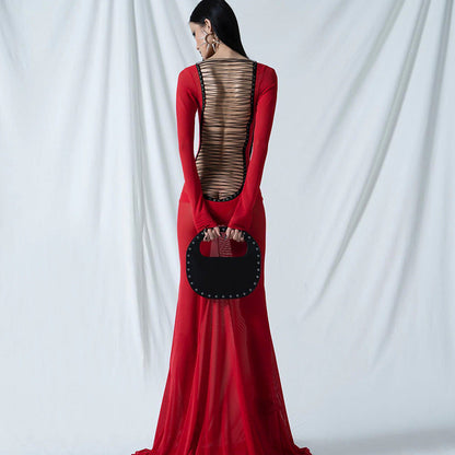 Mesh Long Sleeve Lace Up Open Back Maxi Dress