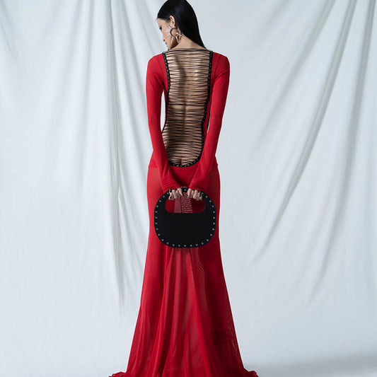 Mesh Long Sleeve Lace Up Open Back Maxi Dress