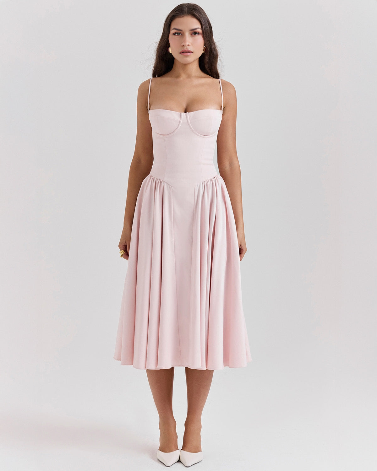 Bustier Spaghetti Strap Underwire Cup Dropped Waist Pleated Midi Dress
