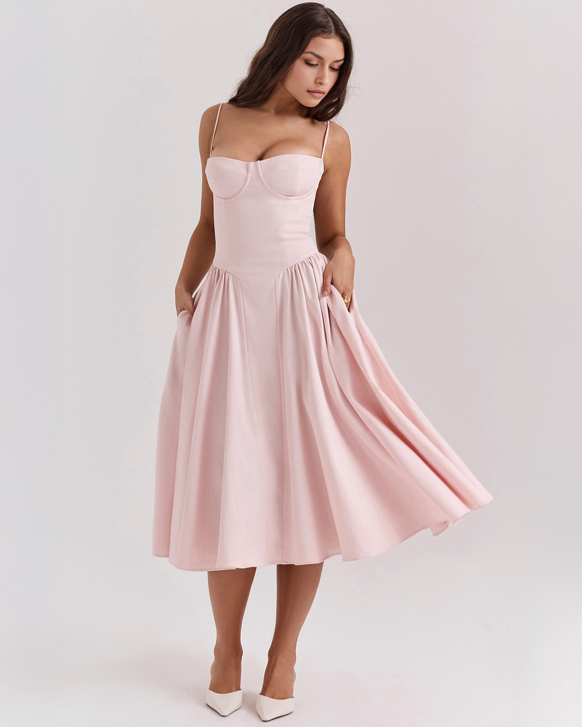 Bustier Spaghetti Strap Underwire Cup Dropped Waist Pleated Midi Dress