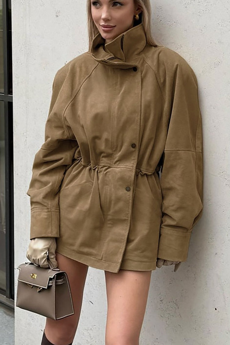 High Neck Cinched Waist Suede Jacket