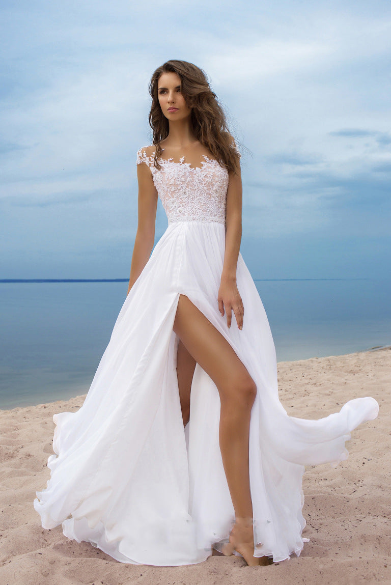 Lace Illusion Cap Sleeve Floral Applique Bodice High Slit Chiffon Maxi Gown