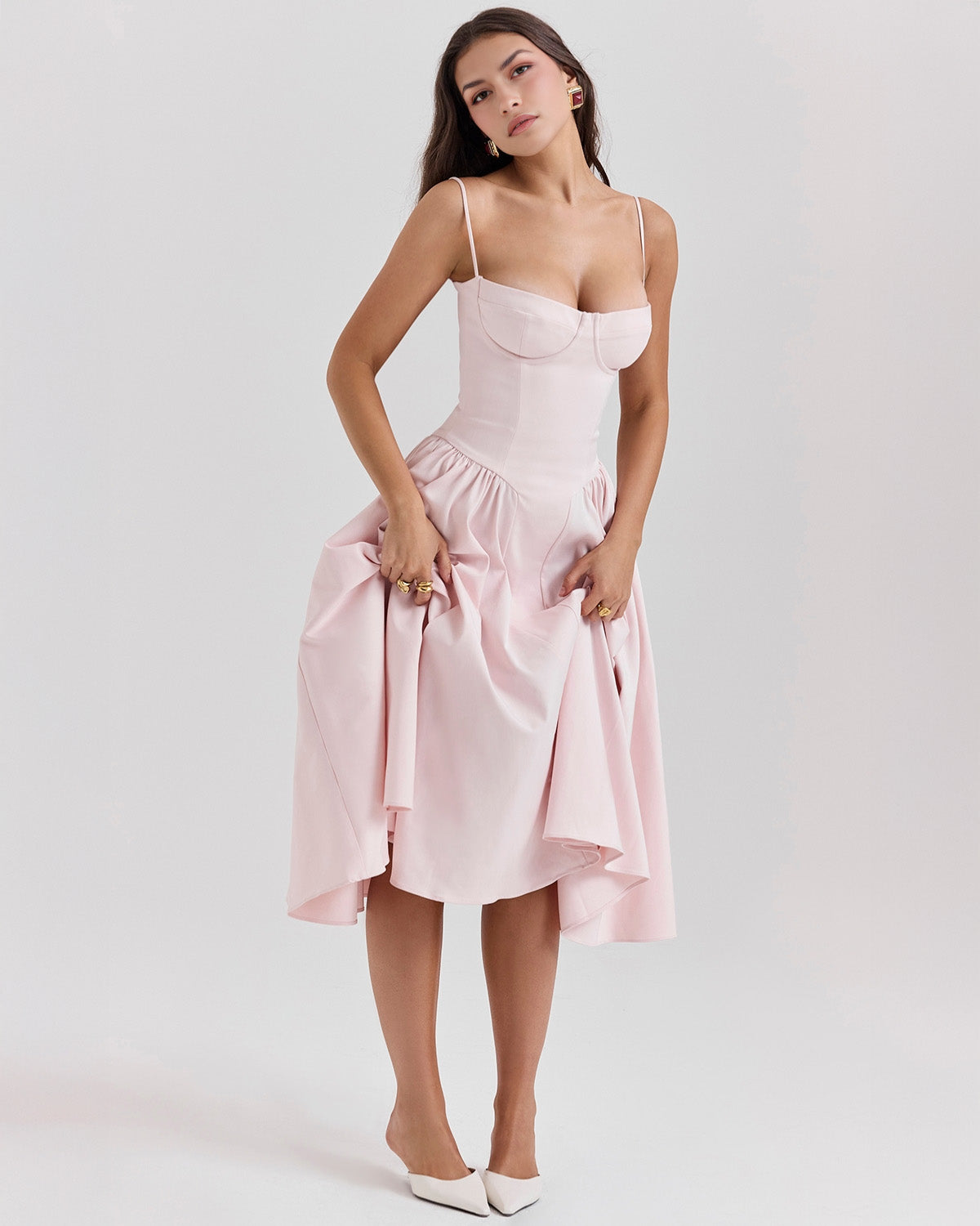 Bustier Spaghetti Strap Underwire Cup Dropped Waist Pleated Midi Dress