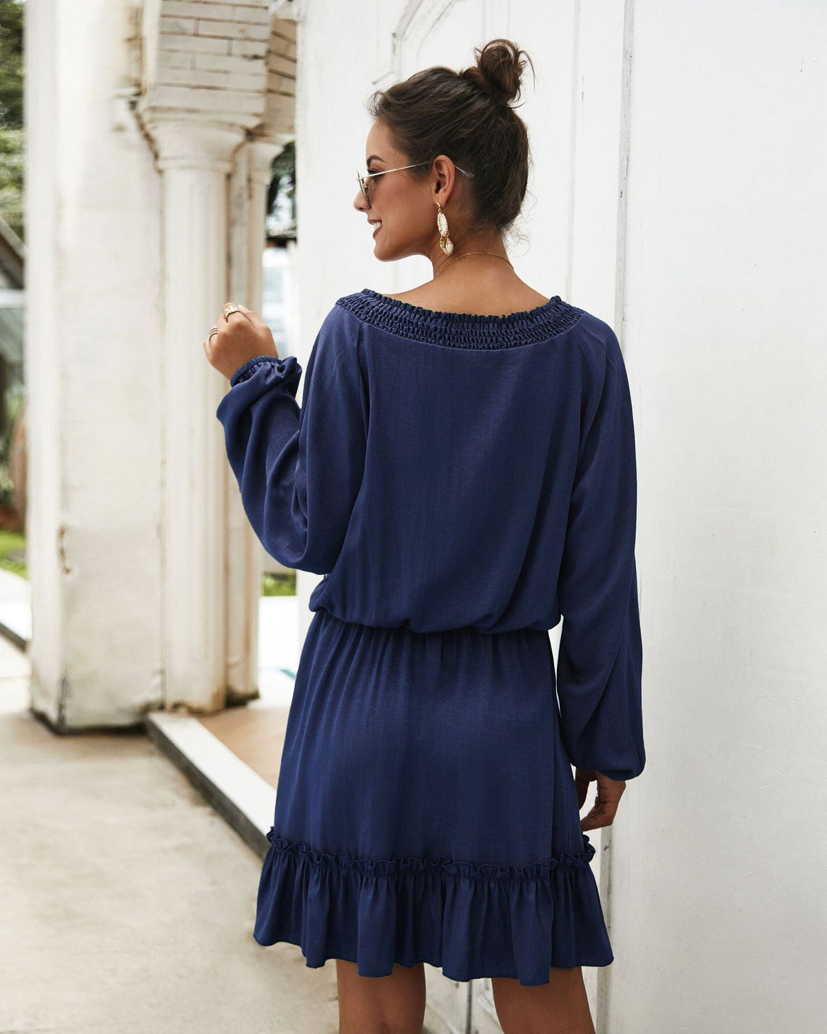 V Neck Tie Neck Smocked Shoulder Bishop Sleeve Ruffle Tier Mini Dress