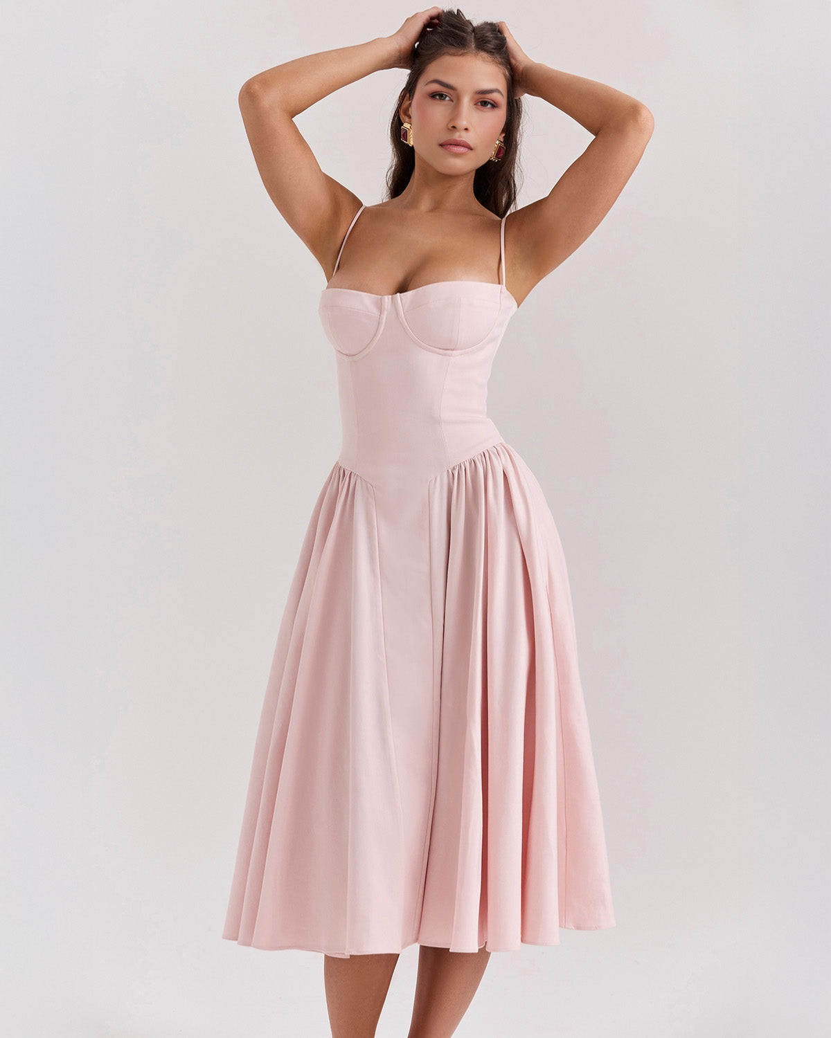 Bustier Spaghetti Strap Underwire Cup Dropped Waist Pleated Midi Dress