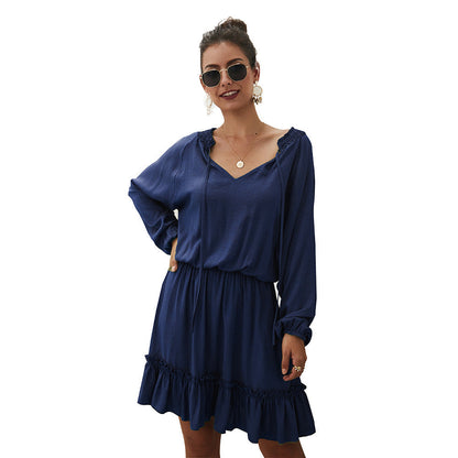 V Neck Tie Neck Smocked Shoulder Bishop Sleeve Ruffle Tier Mini Dress