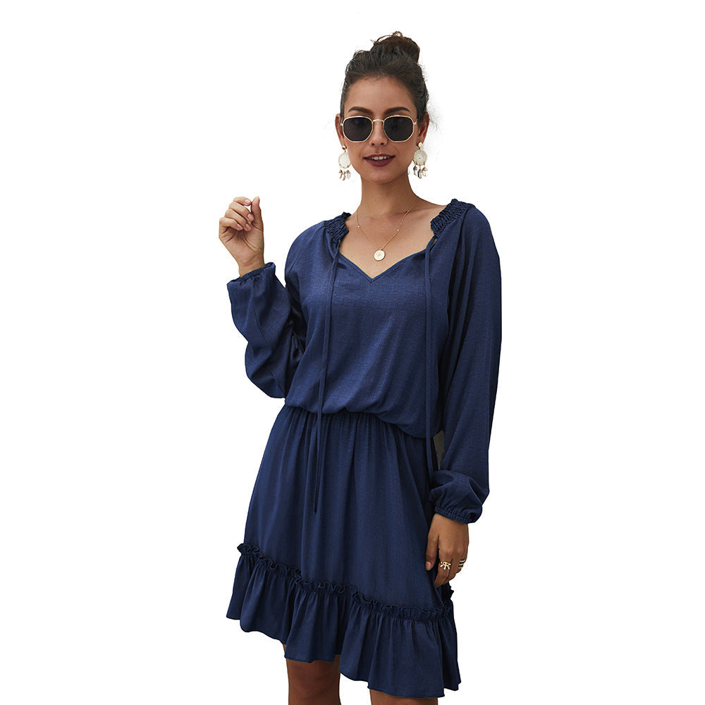 V Neck Tie Neck Smocked Shoulder Bishop Sleeve Ruffle Tier Mini Dress