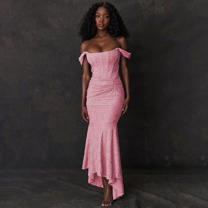 Printed Strapless Twist Front Backless Fishtail Maxi Dress