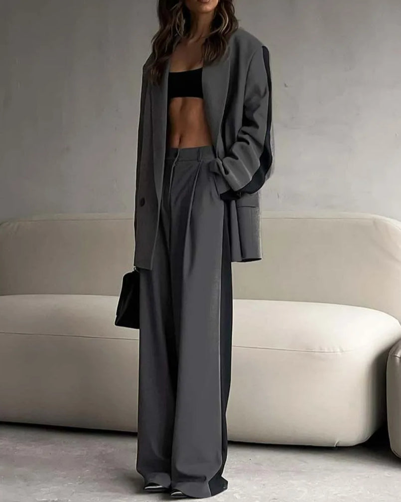 Grey Patchwork Blazer Trousers Office Two Piece Set
