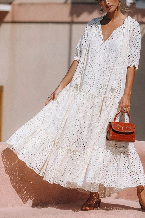 Deep V-Neck Puff Sleeve Tiered Eyelet Lace Scalloped Hem Maxi Dress