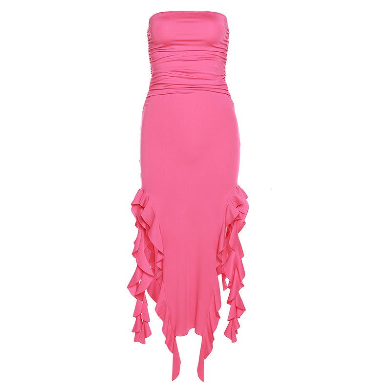 Strapless Ruched Double Slit Ruffle Hem Midi Dress