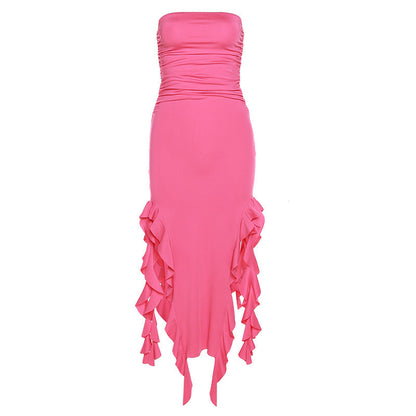 Strapless Ruched Double Slit Ruffle Hem Midi Dress
