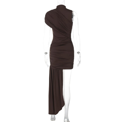 Mock Neck Ruched Asymmetric Train Mini Dress