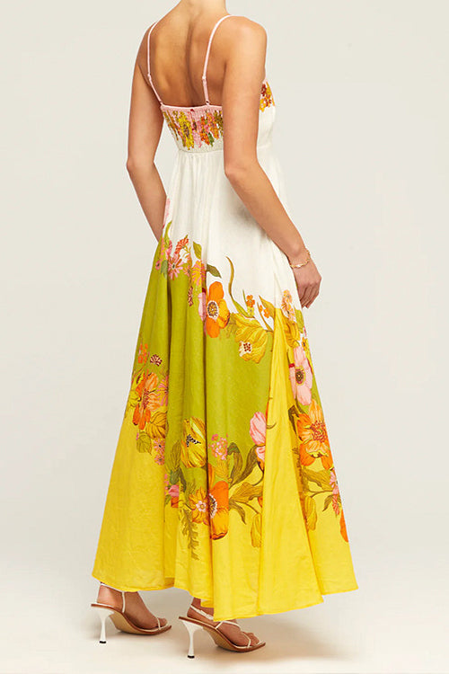Square Neck Spaghetti Strap Ombre Border Large Floral Print Maxi Dress
