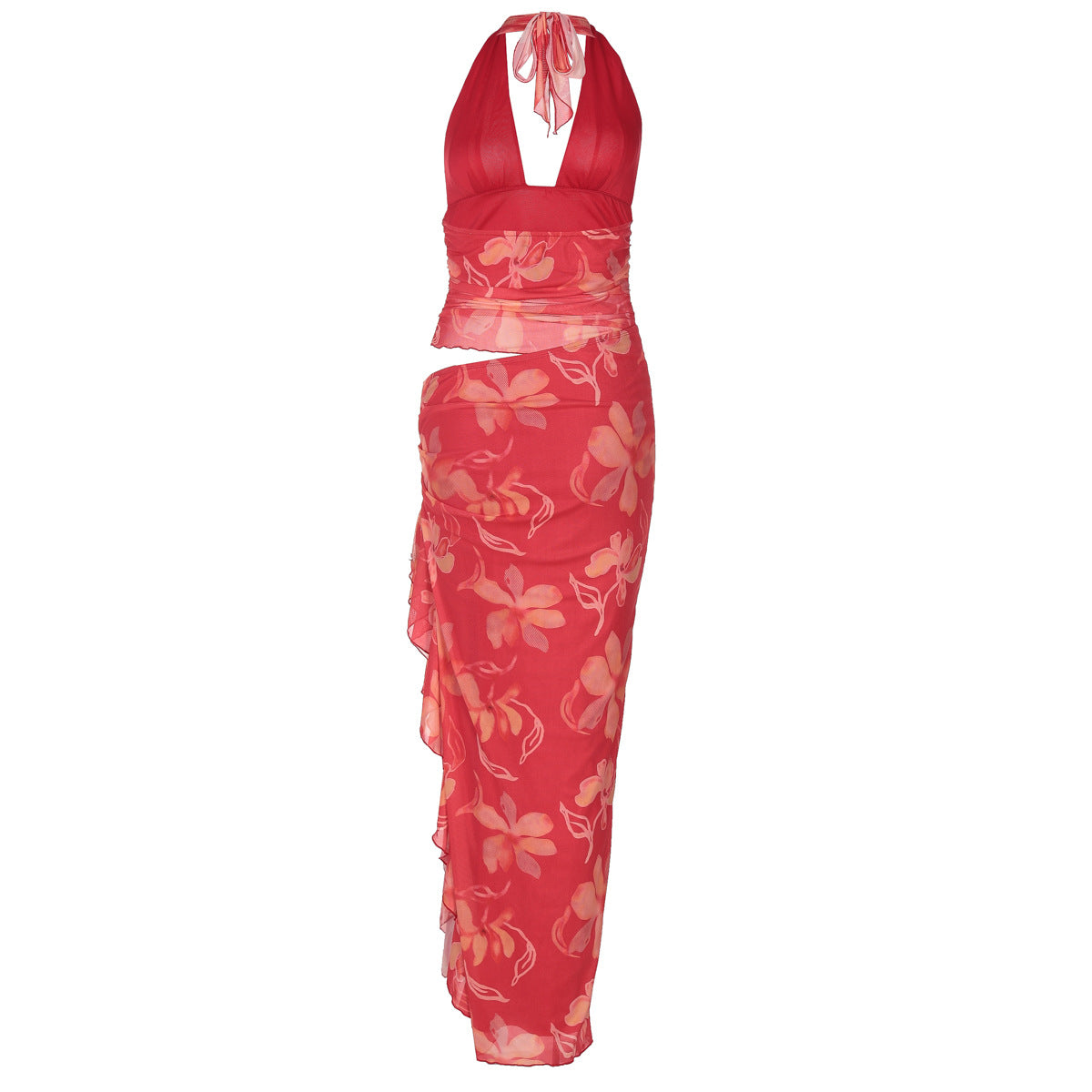 Halter Plunging V Neck Floral Ruched Ruffle Side Slit Maxi Set