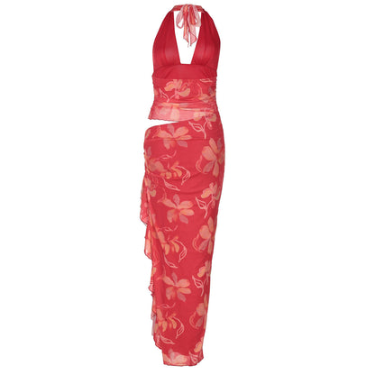 Halter Plunging V Neck Floral Ruched Ruffle Side Slit Maxi Set
