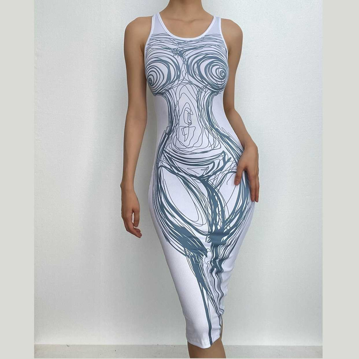 Abstract Figure Line Art Scoop Neck Tank Bodycon Midi Dress