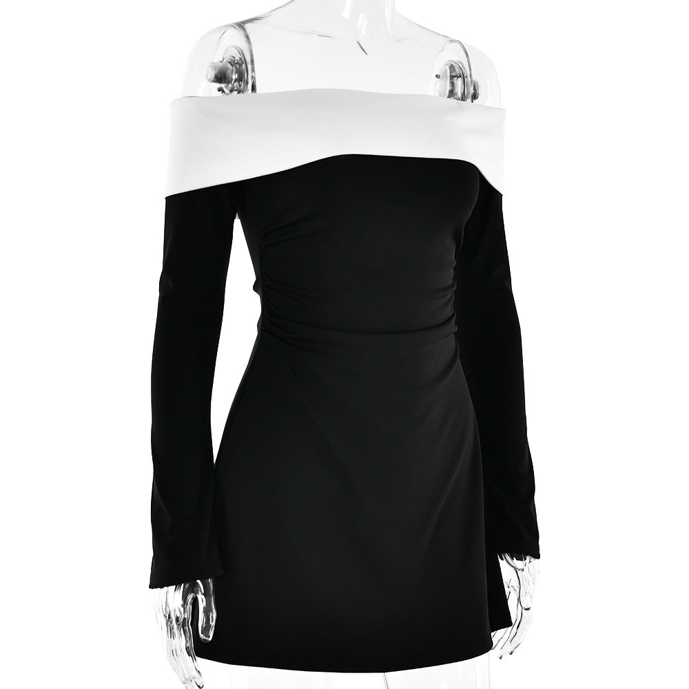 Off Shoulder Contrast Band Long Sleeve Mini Dress