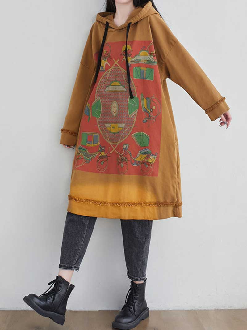 Hooded Drawstring Frayed Hem Graphic Print Oversized Sweatshirt Midi Dress