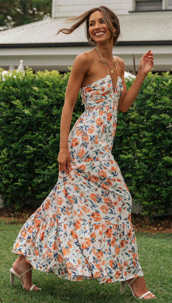 Halter Neck Plunging V Neck Ruched Tiered Floral Print Maxi Dress
