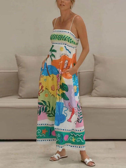 Coastal Illustration Print Spaghetti Strap Pocket Maxi Dress