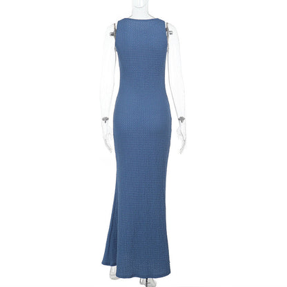 Sleeveless Crew Neck Crinkle Texture Bodycon Maxi Dress