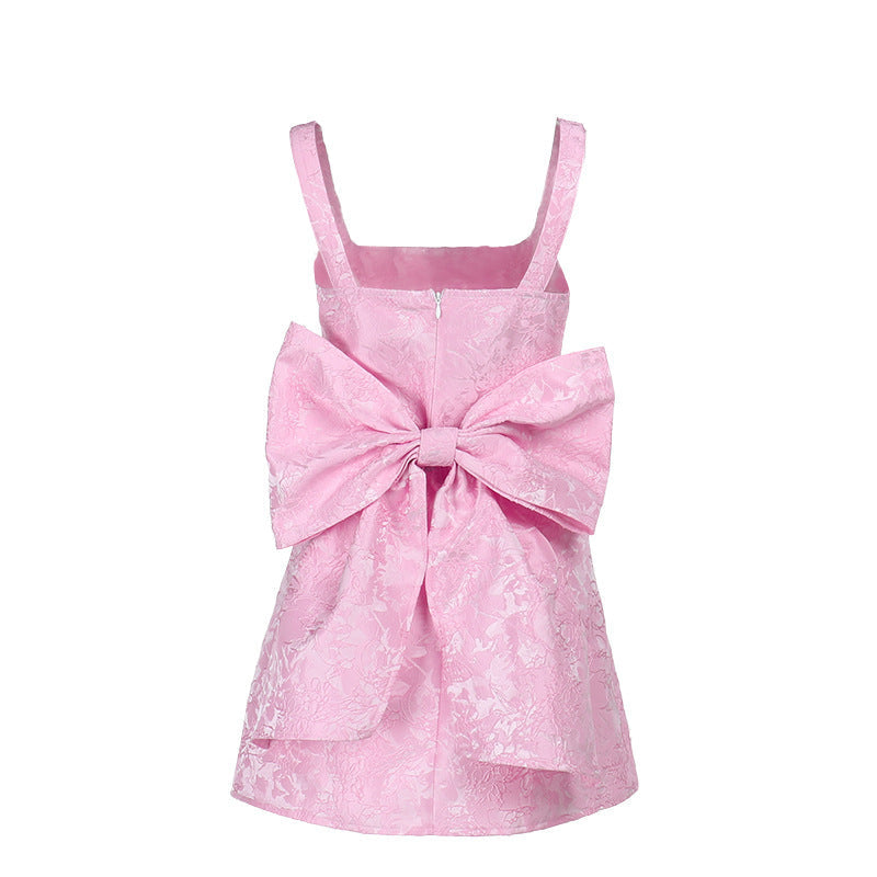 Square Neck Jacquard Brocade Floral Oversized Bow Back Skater Mini Dress