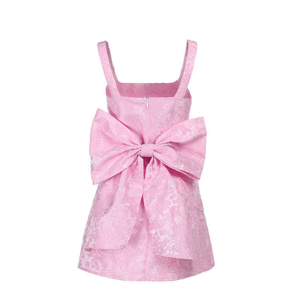 Square Neck Jacquard Brocade Floral Oversized Bow Back Skater Mini Dress