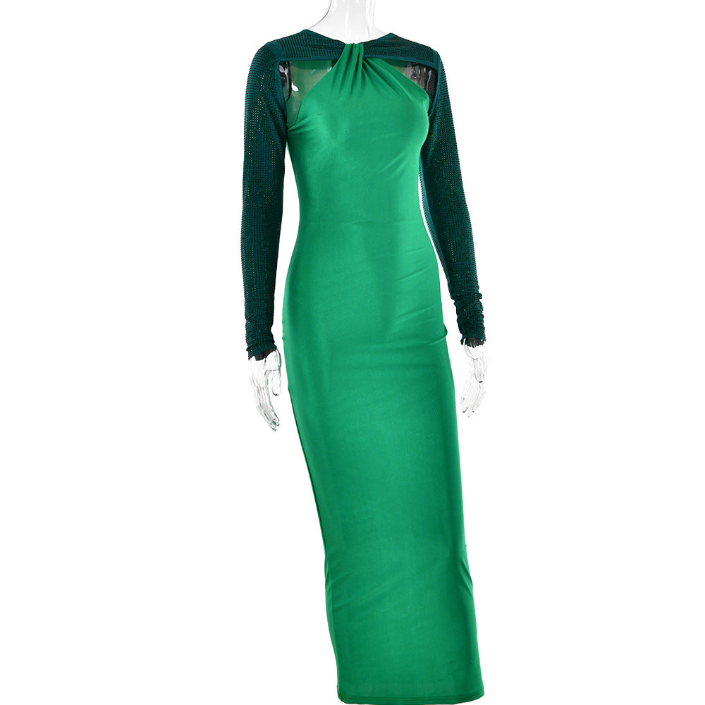 Halter Neck Rhinestone Long Sleeve Shoulder Cutout Bodycon Maxi Dress
