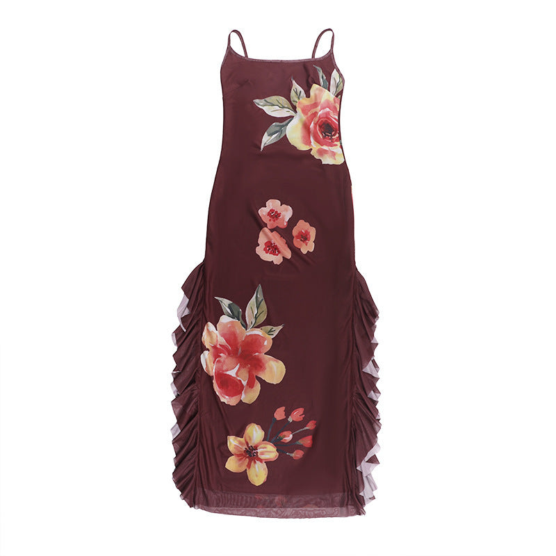 Spaghetti Strap Scoop Neck Side Ruffle Trim Floral Maxi Dress