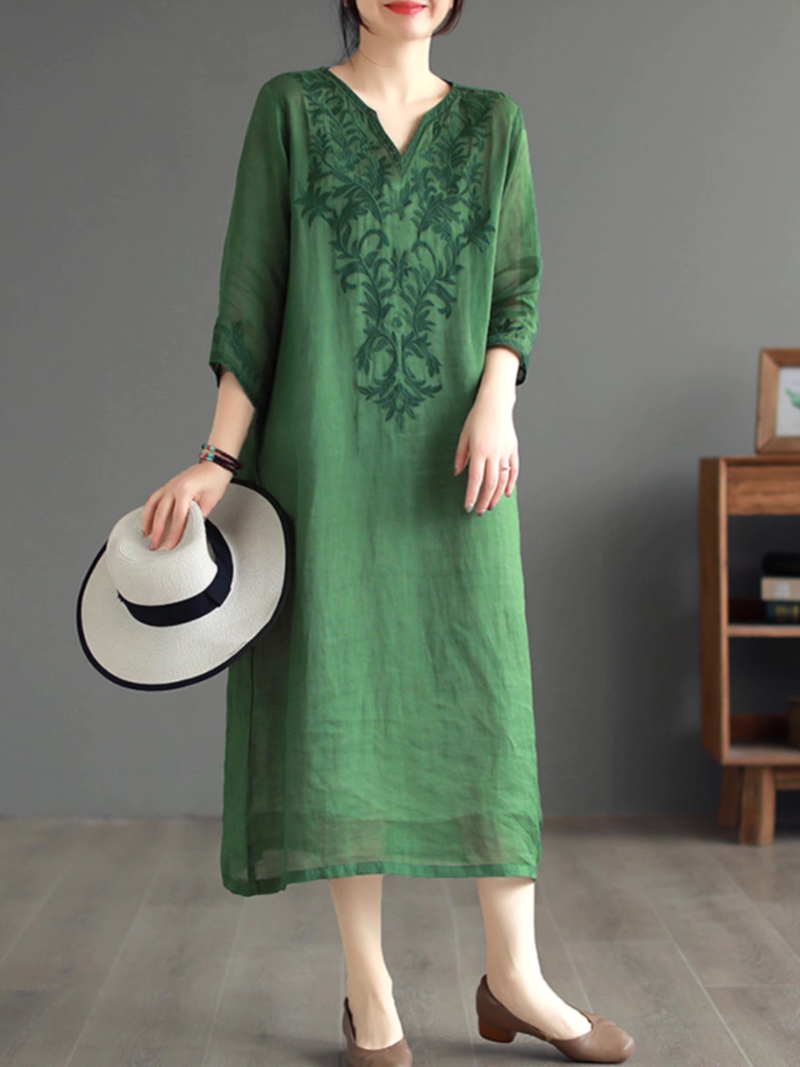V Neck Long Sleeve Embroidered Floral Linen Midi Dress