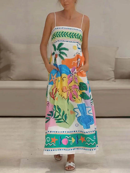 Coastal Illustration Print Spaghetti Strap Pocket Maxi Dress
