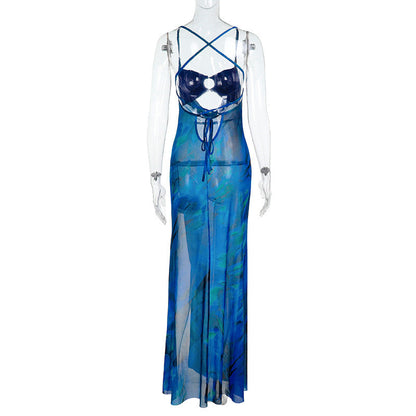 Cowl Neck Spaghetti Strap Ring Link Bust Cutout Marble Print Slit Maxi Dress