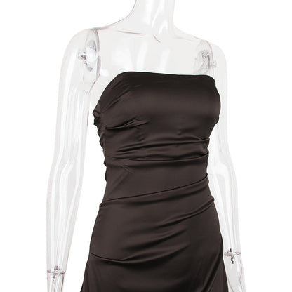 Strapless Ruched Asymmetric Drape Satin Mini Dress