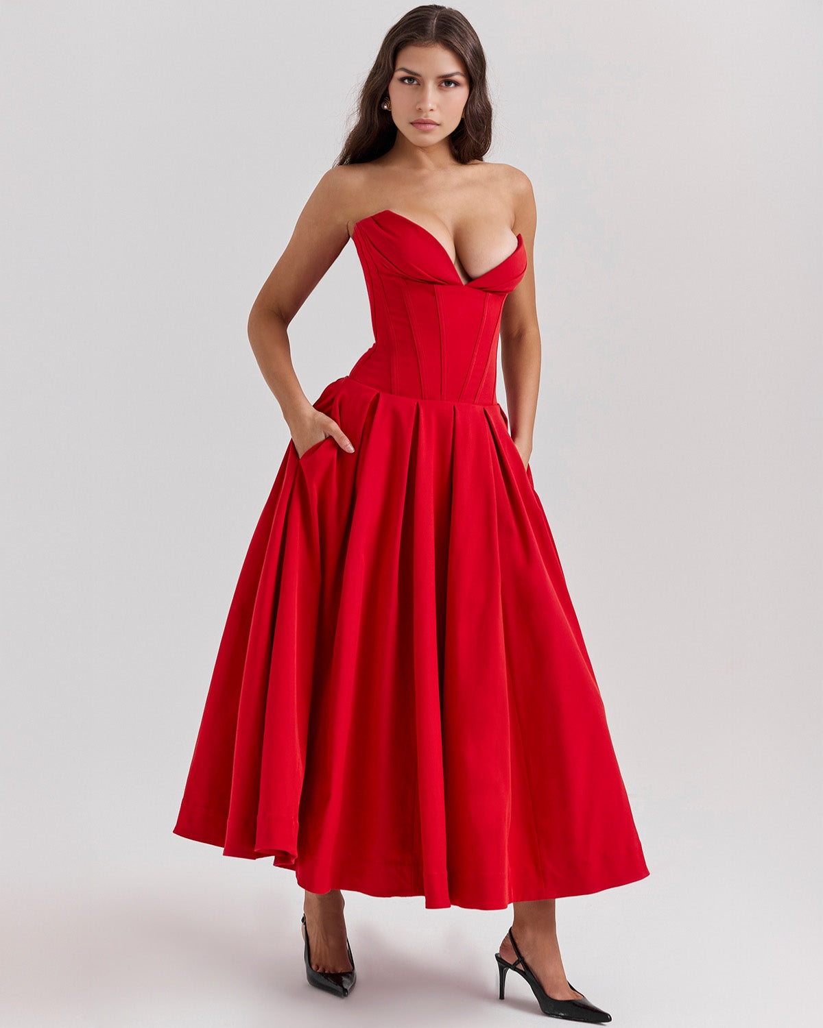 Strapless Corset Sweetheart Neckline Box Pleat A-Line Midi Dress