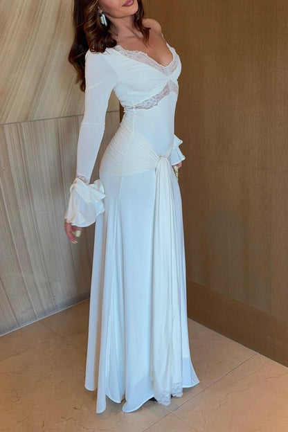 Lace Patchwork Flare Sleeve Tie-up Maxi Dress