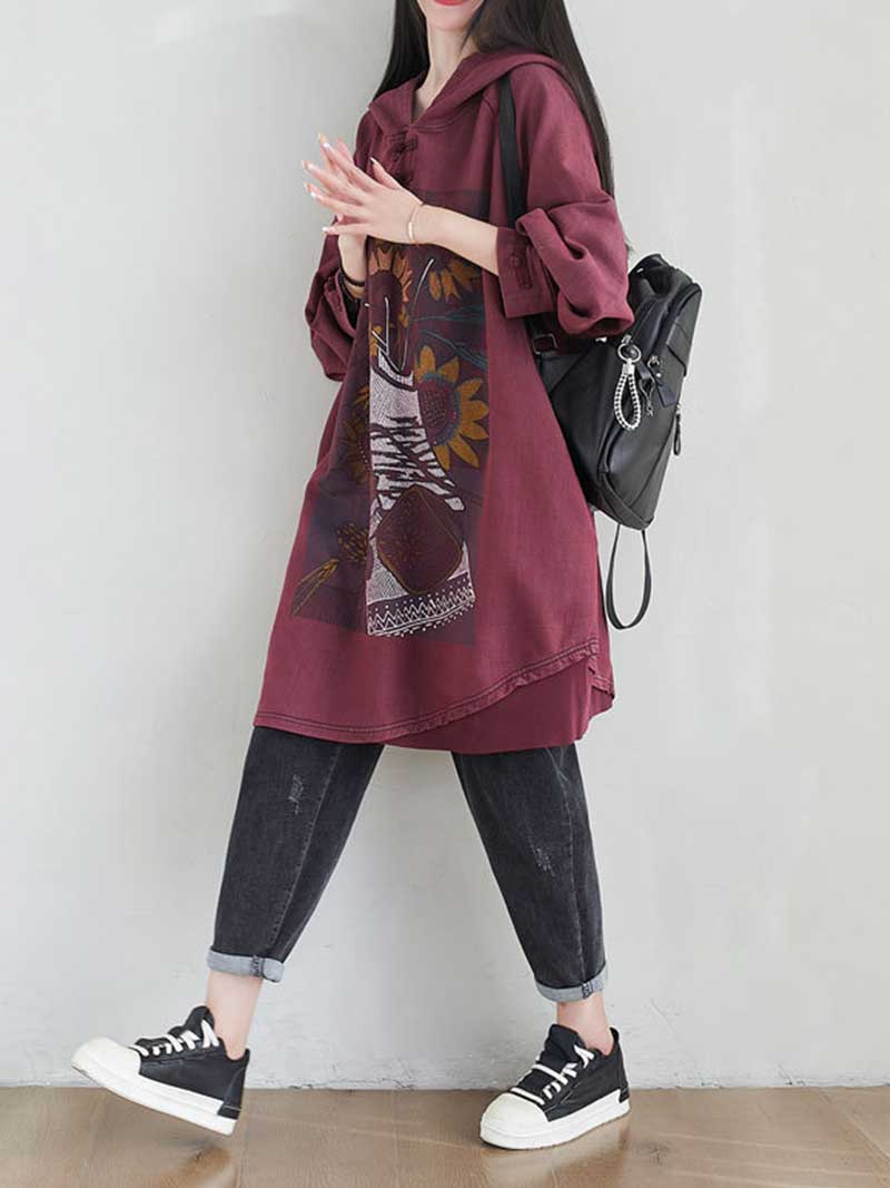 Frog Button Hood Sunflower Print Oversized Sweatshirt Dress