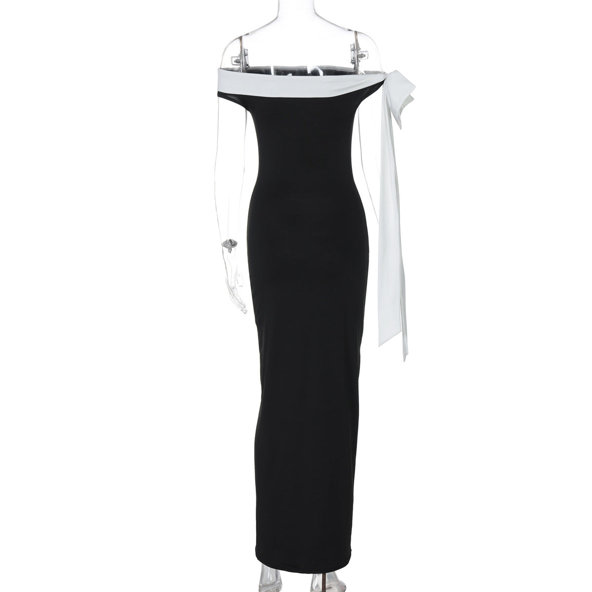 Off Shoulder Oversized Bow Sash Column Maxi Gown