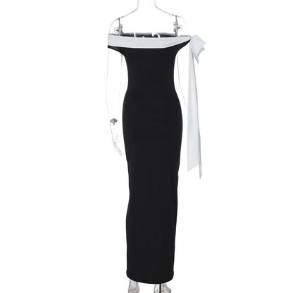 Off Shoulder Oversized Bow Sash Column Maxi Gown